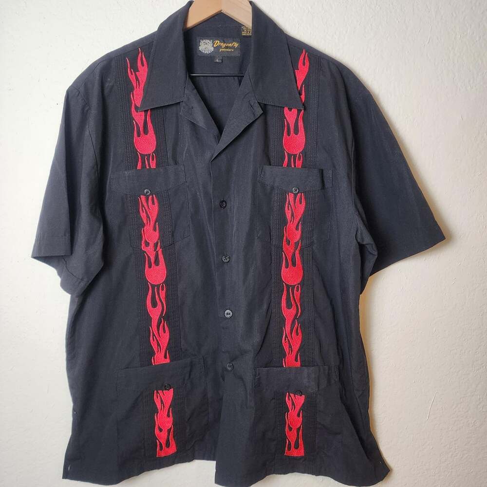 Dragonfly Shirt Mens Large Black Red Flames Embroidered Guayabera Button-Up